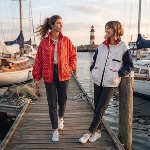 Cabin Creek Reversible Jacket Womens OS White Navy Red Polka Dot Fleece Snap